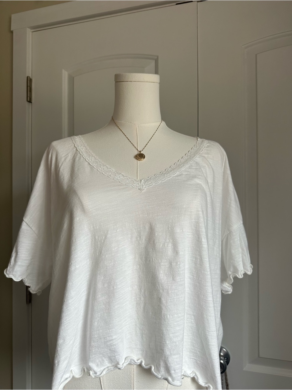 Women’s White V-Neck Lace Trim Top